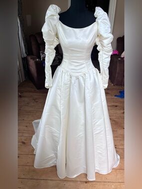 Priscilla of Boston Ivory Satin Long Sleeve Ball Gown